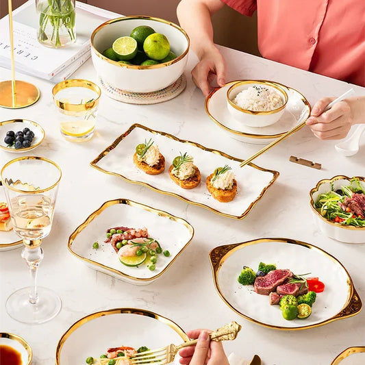 32 pcs White with gold rim Porcelain Dinnerware Set