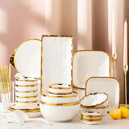 32 pcs White with gold rim Porcelain Dinnerware Set